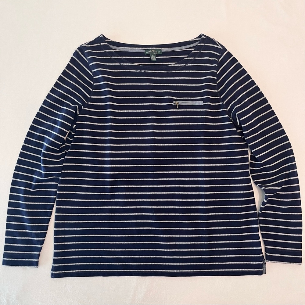 Lauren Jeans Co RALPH LAUREN Blue White Stripes Woman Casual Sweatshirt Top XL